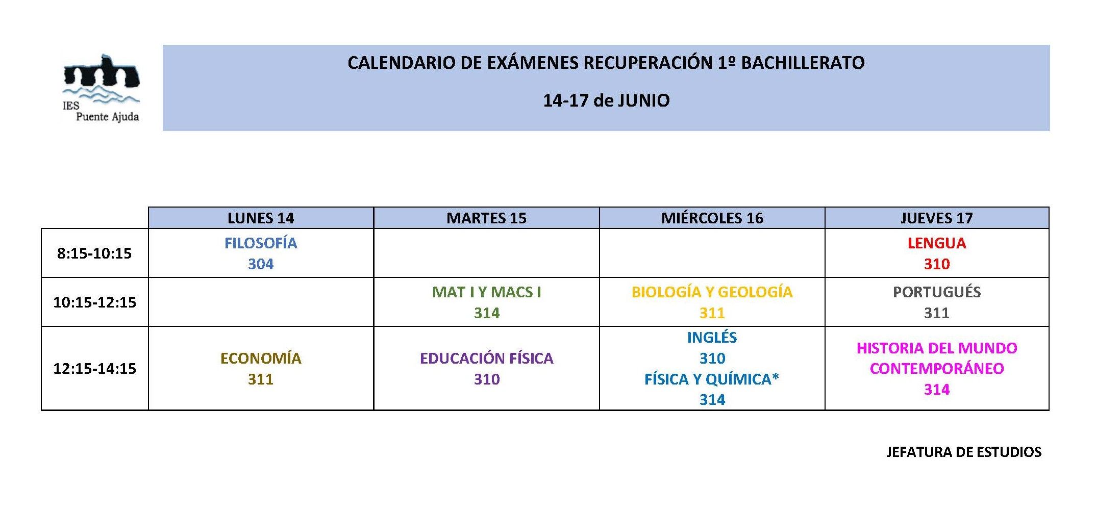 Examenes 1º Bach del 14 al 17 junio